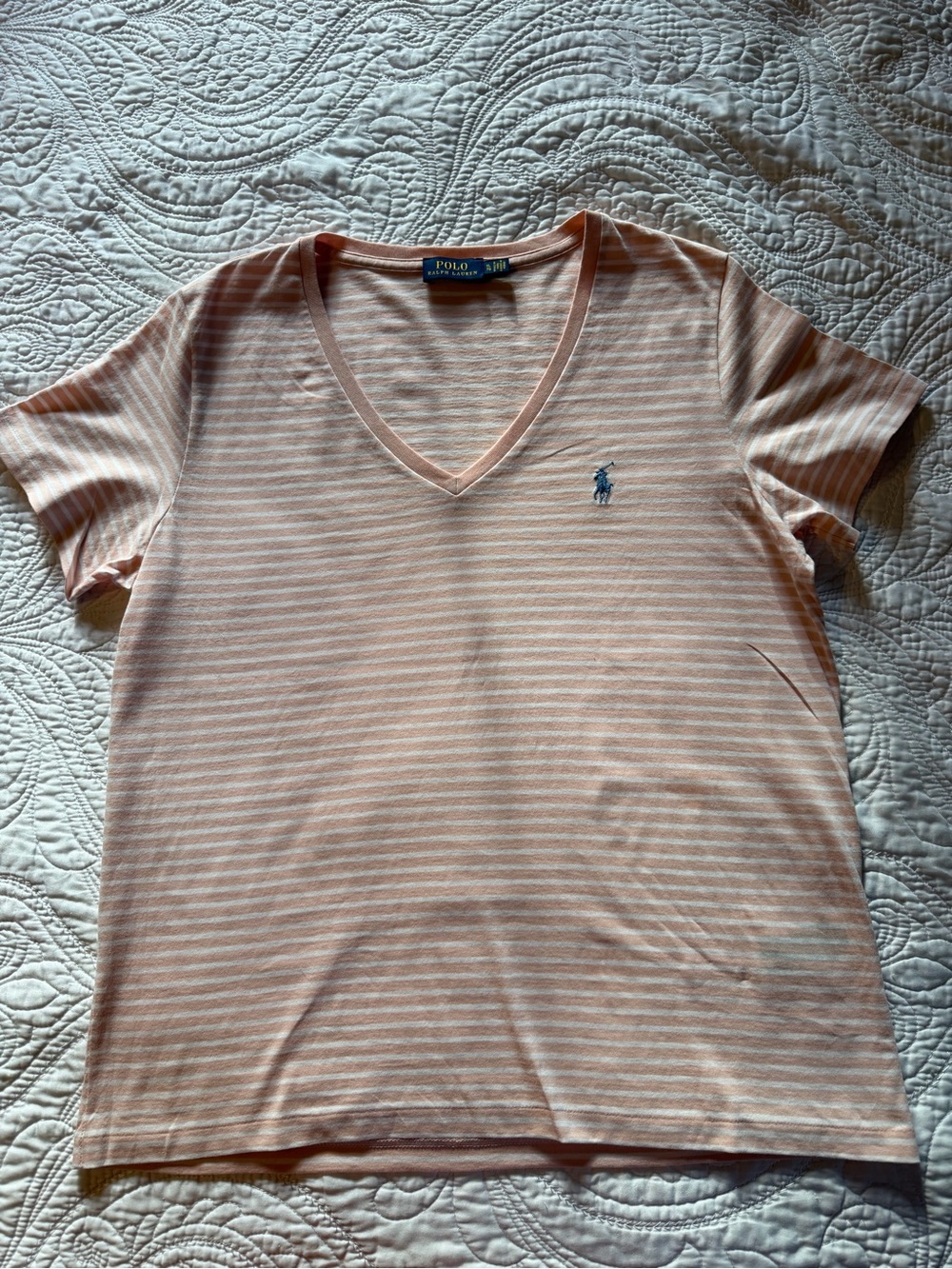 Polo by Ralph Lauren Peach Women’s Striped V-Neck T-Shirt